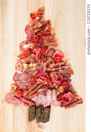 Christmas tree made of sausage on a background of a wooden wall Christmas tree made of sausage on a background of a wooden wall 119728158