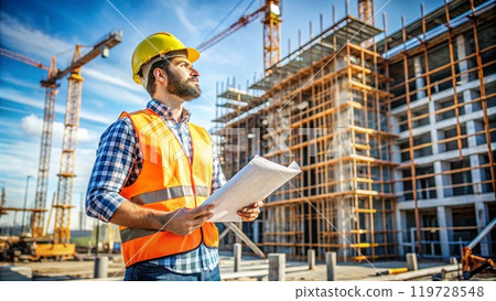 engineer with helmet, building in city on project. 119728548