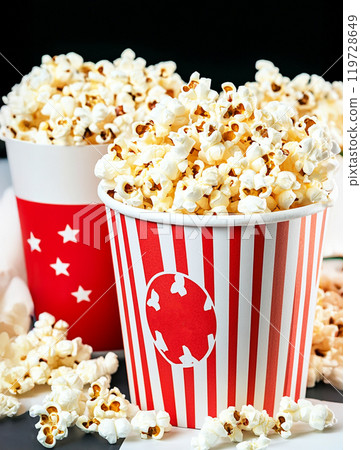 Popcorn in red and white cardboard box for cinema 119728649