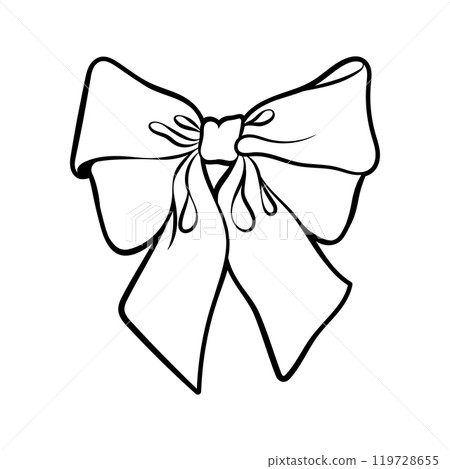 Sketch of lush elegant ribbon bow. Festive sticker, logo, icon, clipart for party. Birthday decorations. Hand drawn illustration. Sketch of lush elegant ribbon bow. Festive sticker, logo, icon, clipart for party. Birthday decorations. Hand drawn illustration. 119728655