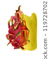 Pitaya slices, watercolor stain. Hand drawn watercolor illustration of ripe exotic dragon fruit for background, card, design 119728702