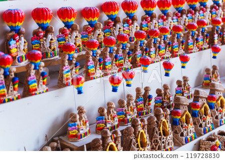 A vibrant collection of colorful hot air balloons Cappadocia in souvenir shop 119728830