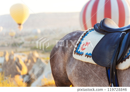 A horse with a saddle stands before colorful hot air balloons in Turkey 119728846