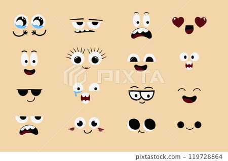 Face emotions, comic expressions, cute crazy eyes collection isolated. Doodle smiley mood comic design elements. Emotional comic face with eyes, mouths, tongue and teeth. Face emotions, comic expressions, cute crazy eyes collection isolated. Doodle smiley mood comic design elements. Emotional comic face with eyes, mouths, tongue and teeth. 119728864