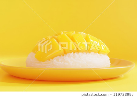 A plate of yellow and white food with a mango on top 119728993
