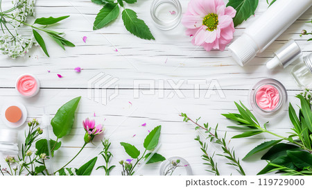 Flower and plant herb with in glass bottle test tube for scientific experiment, aromatherapy and skincare. 119729000