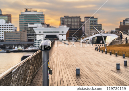 Yokohama city evening view: View of the wooden deck of "Kujira no Senaka" [Yokohama City, Kanagawa Prefecture] 119729139