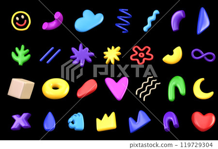 Set of 3D vector different multicolored abstract plastic shapes on dark color background. Various decorative bright design elements. 3D doodle set in 3d cartoon style Set of 3D vector different multicolored abstract plastic shapes on dark color background. Various decorative bright design elements. 3D doodle set in 3d cartoon style 119729304