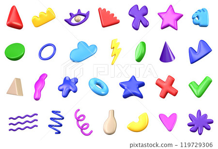 Set of 3D vector different multicolored abstract realistic elements on a white background. Various decorative bright design objects. 3D doodle set in 3d cartoon style Set of 3D vector different multicolored abstract realistic elements on a white background. Various decorative bright design objects. 3D doodle set in 3d cartoon style 119729306