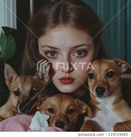 Young woman with puppies. 119729405