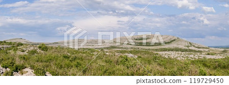 Wide panoramic view of Burren National Park limestone hills diverse plants under partly cloudy sky Wide panoramic view of Burren National Park limestone hills diverse plants under partly cloudy sky 119729450