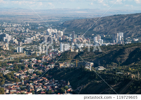 Aerial panoramic view from Mtatsminda Park of Tbilisi, capital of Georgia 119729605