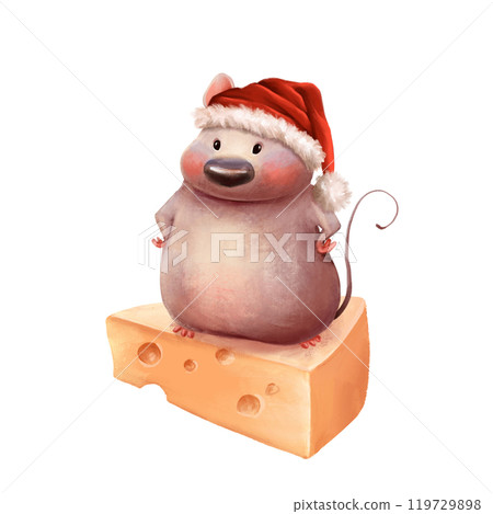 Cute mouse in Santa hat with cheese. Animal illustration. 119729898