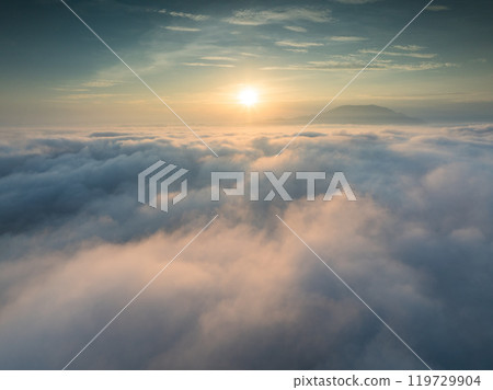Aerial view drone flying over sea of fog at sunrise, Vietnam 119729904