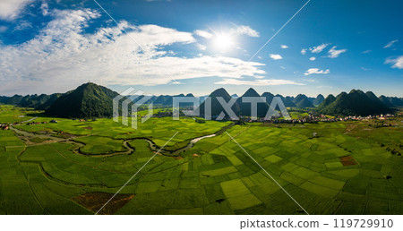 Aerial drone view panorama of Bac Son rice field valley at sunset, Lang Son, Vietnam 119729910