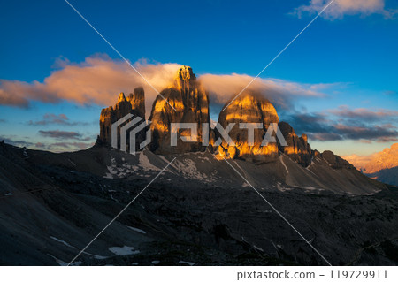 The Three Peaks of Lavaredo or Tre Cime di mountain at sunrise, Dolomites mountains, Italy, Europe 119729911