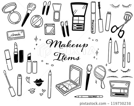 Hand-drawn illustration set of makeup items (line drawing) 119730238