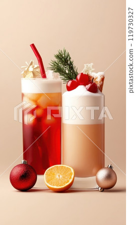 Festive Christmas Cocktail Party Setting with Seasonal Dcor and Drinks Festive Christmas Cocktail Party Setting with Seasonal Dcor and Drinks 119730327