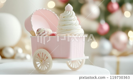 Vintage Ice Cream Cart Serving Holiday Sweets and Treats in a Festive Winter Setting 119730363
