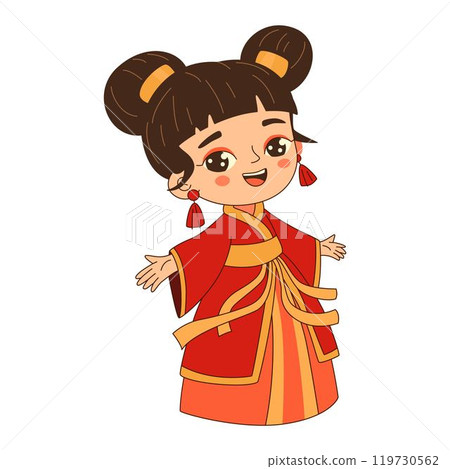 Cartoon cute chinese girl in ancient national costume. Chinese new year children art Cartoon cute chinese girl in ancient national costume. Chinese new year children art 119730562