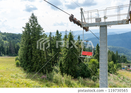 Cableway to the top of the Carpathian Mountains. Hills and forest. Nature in summer 119730565