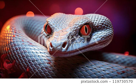 Close-up of an albino white snake, Japanese rat snake Close-up of an albino white snake, Japanese rat snake 119730570