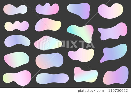 Abstract gradient shapes. Fluid vector blobs with liquid color gradation. Organic irregular watercolor elements. Amoeba iridescent holographic design on dark background. 119730622
