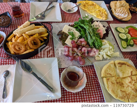 Traditional Turkish breakfast served on the table Traditional Turkish breakfast served on the table 119730729