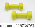 Green dumbbells on a white background good health concept. 119730763