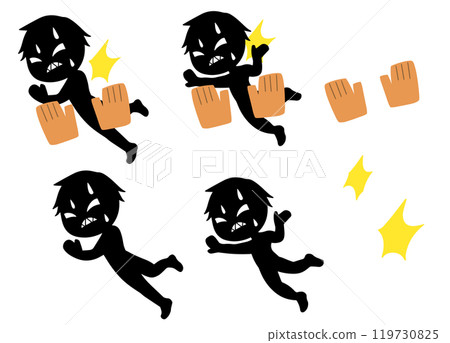 A set of images of black silhouettes fighting off villains A set of images of black silhouettes fighting off villains 119730825