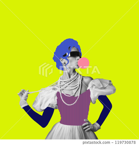 Playful portrait of woman in historical clothing blowing bubblegum, with pearl necklaces and pop art colors on neon yellow background. Contemporary art. Playful portrait of woman in historical clothing blowing bubblegum, with pearl necklaces and pop art colors on neon yellow background. Contemporary art. 119730878