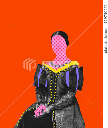 Abstract portrait of medieval woman, queen, princess in vintage attire,gracefully sitting against bright red background. Contemporary art collage. 119730901