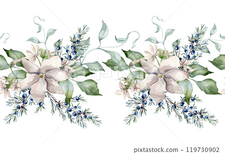 Jasmine pink flowers and juniper branch watercolor seamless border isolated. Floral repeat banner in soft tones hand drawn. Blooms and coniferous painted botanical sketch for Christmas, winter wedding 119730902