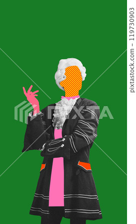 Stylish and surreal portrait of man in historical clothing with bold pop art colors, set against green background. Contemporary art collage. 119730903