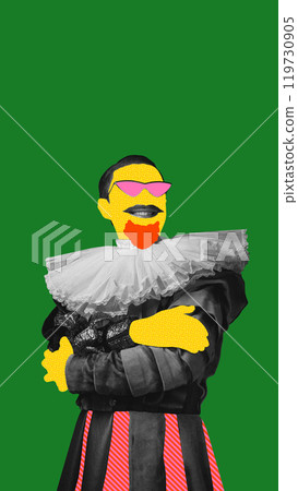 Quirky, abstract portrait of medieval man, gentleman in baroque-style clothing with red beard and sunglasses on green background. Contemporary art collage. Quirky, abstract portrait of medieval man, gentleman in baroque-style clothing with red beard and sunglasses on green background. Contemporary art collage. 119730905