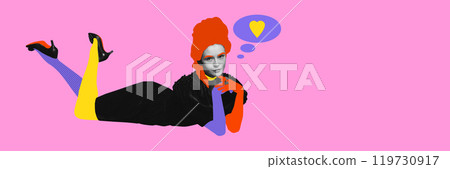 Daydreaming woman in vintage style with pop art heart lying with smile on pink background. Contemporary art collage. Daydreaming woman in vintage style with pop art heart lying with smile on pink background. Contemporary art collage. 119730917