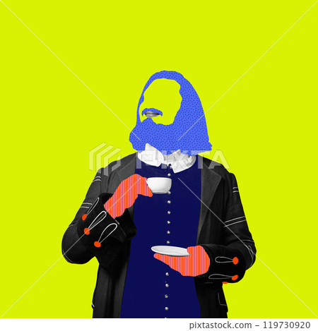 Abstract gentleman in baroque costume drinking tea on neon background. Contemporary art collage. 119730920