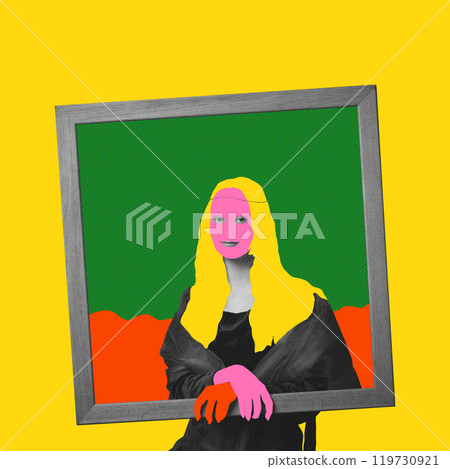 Contemporary art collage. Vibrant, reimagined portrait of Mona Lisa with bold, saturated colors and abstract shapes. Blends of Renaissance art with modern pop art aesthetics 119730921