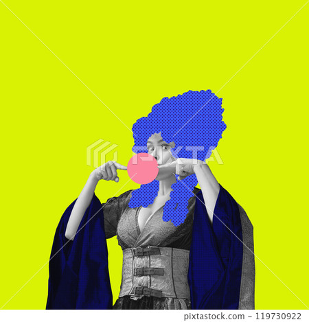Woman in baroque attire blowing bubblegum bubble, with stylized blue hair on bright yellow background. Contemporary art collage. 119730922