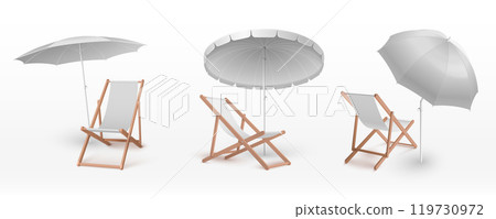 White beach umbrellas with wooden lounge chairs 119730972
