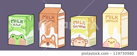 Kawaii milk carton box with character, cute design Kawaii milk carton box with character, cute design 119730980