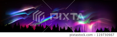 Northern aurora light. Green borealis in night sky 119730987