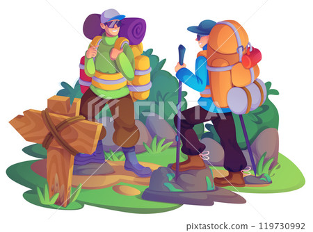 Two cheerful male hikers trekking on mountain path 119730992