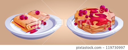 Sweet breakfast dishes served on white plates. 119730997