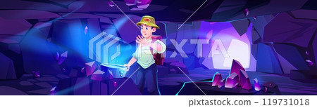 Male traveler finds bright lamp in dark cave 119731018