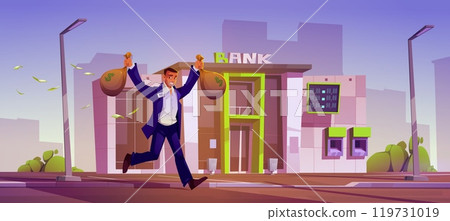 Man joyfully runs holding two large bags of money 119731019