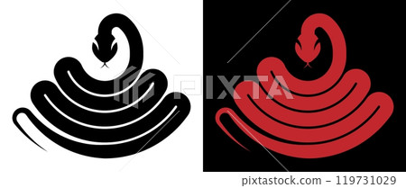 Viper silhouette emblem of coiled snake. Aggressive rattlesnake ready to pounce. Simple minimalistic vector isolated on white and black background Viper silhouette emblem of coiled snake. Aggressive rattlesnake ready to pounce. Simple minimalistic vector isolated on white and black background 119731029