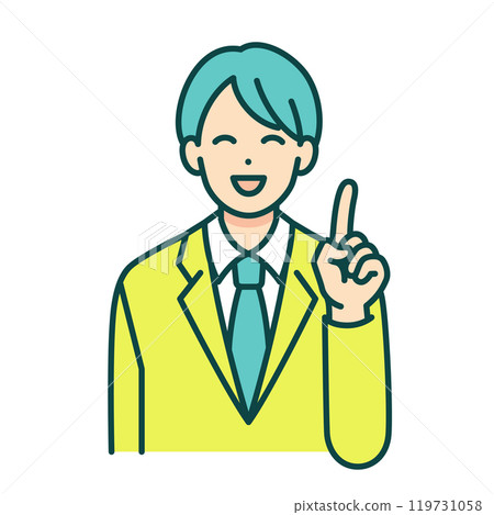 一個穿著校服的男孩面朝前並用手指指著的線條畫插圖。 一個穿著校服的男孩面朝前並用手指指著的線條畫插圖。 119731058