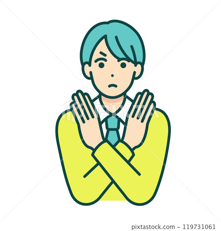 A gesture of refusal by crossing hands in front of the chest. Vector illustration of a high school boy making a X sign with his hands. 119731061