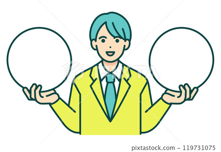 Two options. Vector illustration of a male high school student in uniform making a comparison. Two options. Vector illustration of a male high school student in uniform making a comparison. 119731075